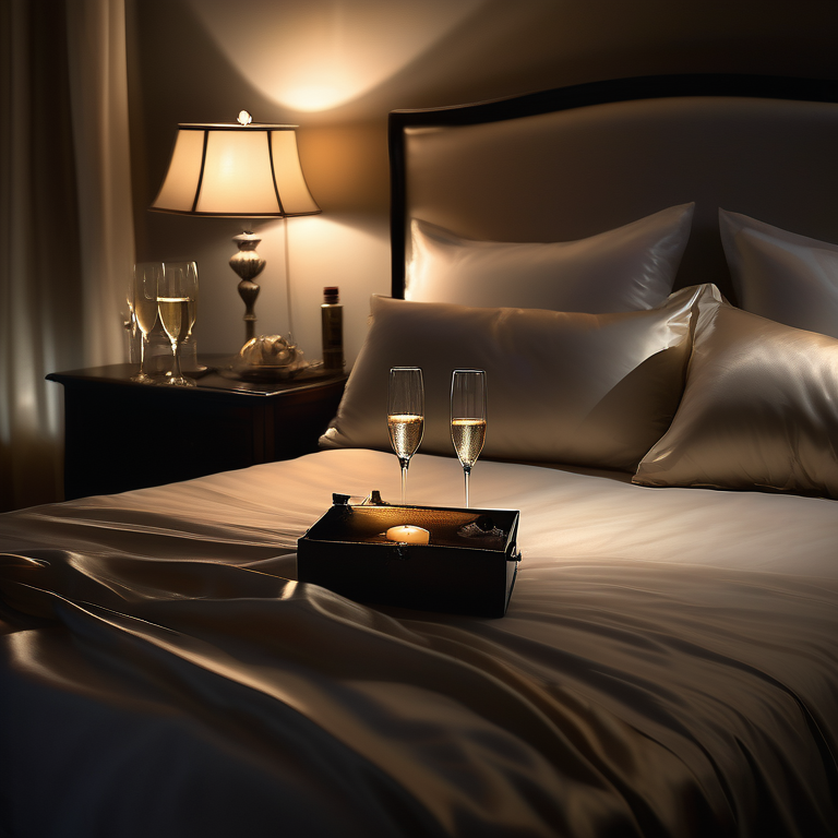 Silhouetted couple embracing in a candlelit bedroom with champagne glasses and silk sheets, evoking a secretive romantic mood.