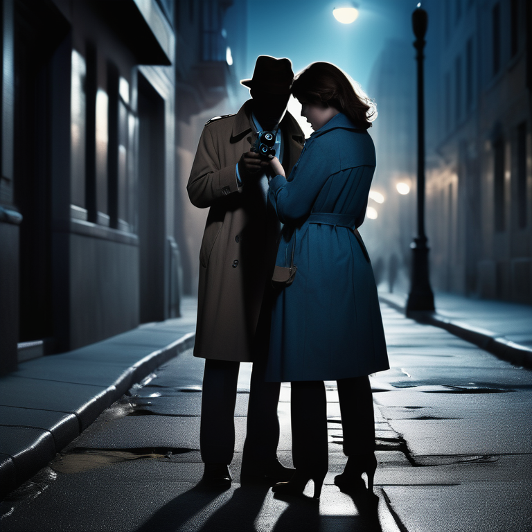 A woman detective photographs a cheating husband's silhouette on a shadowy street.