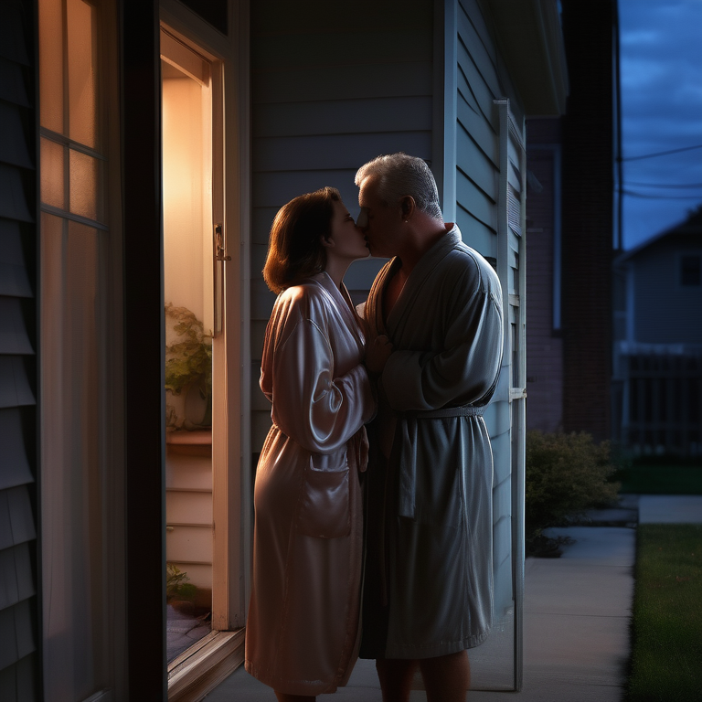 Woman in robe whispering to man at her doorstep, conveying secrecy.