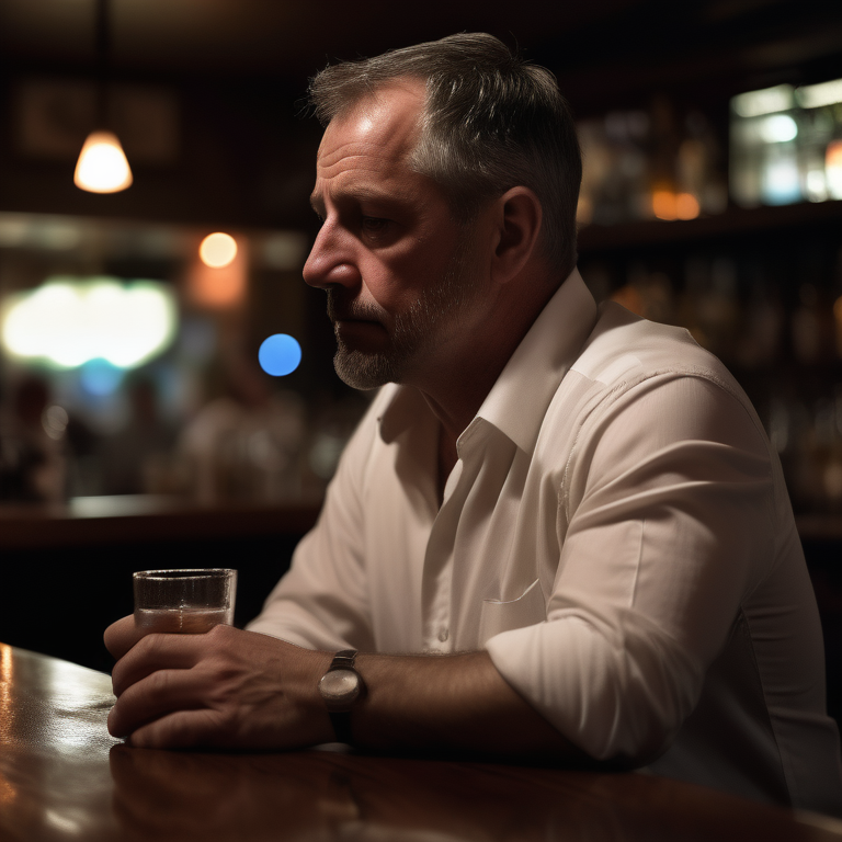 A pensive man with a wedding ring sitting alone at a bar with blurred couples in the background.