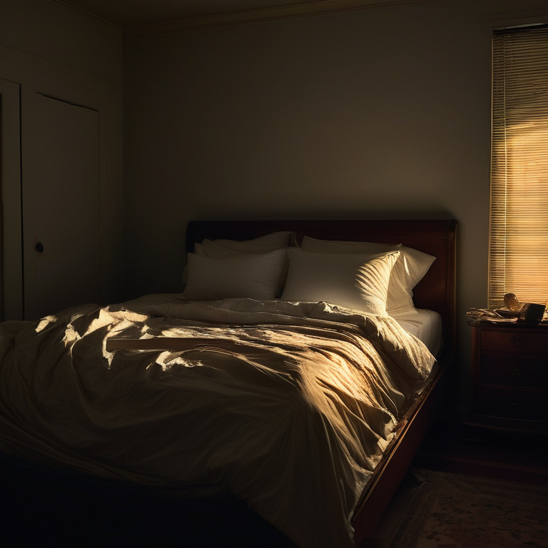 A shadowy bedroom with a messy bed and light casting stripes, suggesting a recent secretive departure.