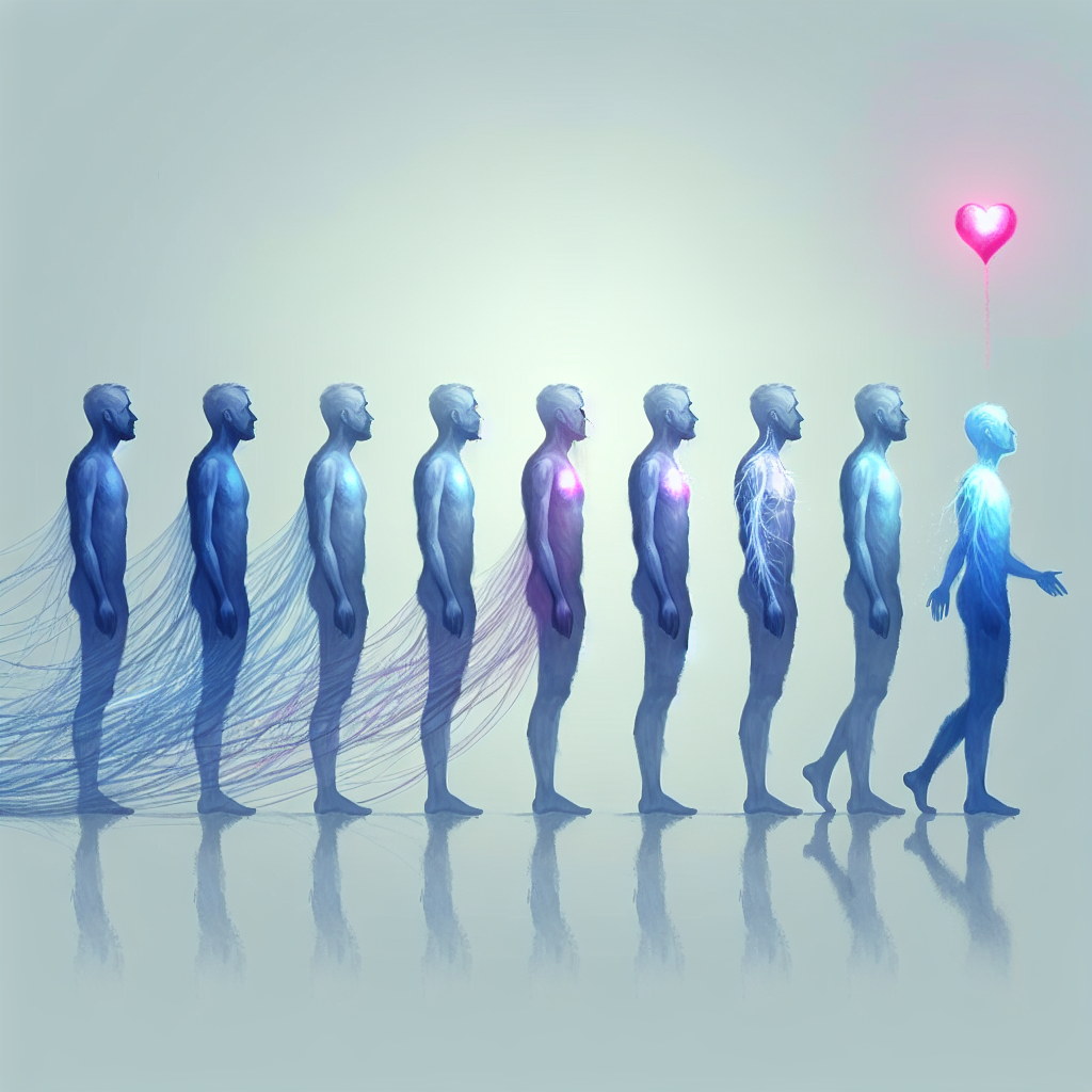 A sequence of silhouettes transitioning from light to dark blue, connected by threads with a heart above the darkest figure.