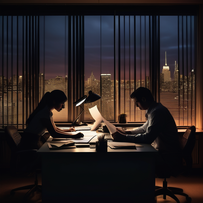 Silhouettes of two people in a dim office, suggesting intimacy amidst a backdrop of night city lights.