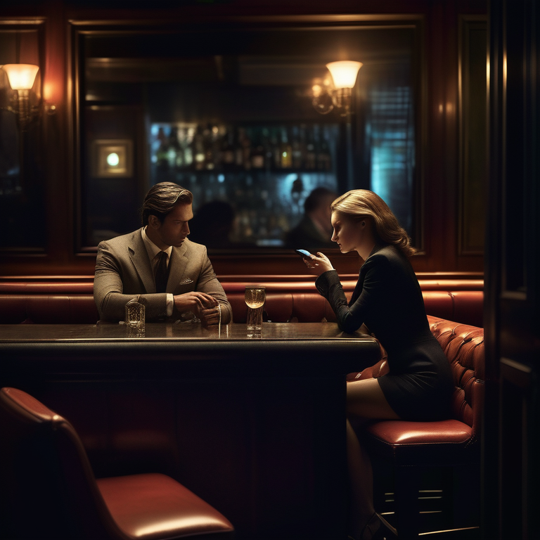 Two people exchanging glances and texts in a dim, upscale bar, hinting at discreet dating.