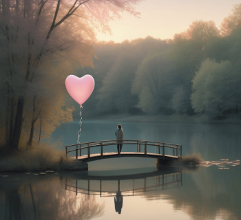 Figure on bridge with heart balloon at dawn signifies hope after heartbreak.