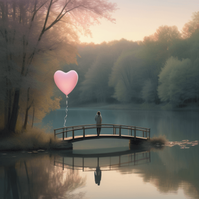 Figure on bridge with heart balloon at dawn signifies hope after heartbreak.