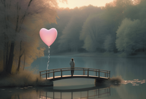 Figure on bridge with heart balloon at dawn signifies hope after heartbreak.