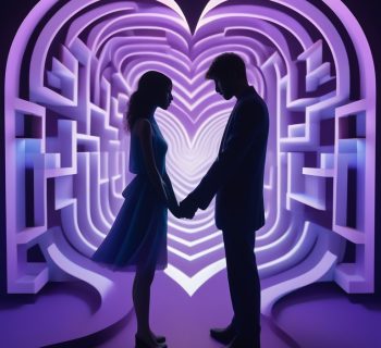 Silhouetted figures over a heart-shaped labyrinth, symbolizing the complexity of secretive romances.