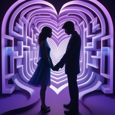 Silhouetted figures over a heart-shaped labyrinth, symbolizing the complexity of secretive romances.