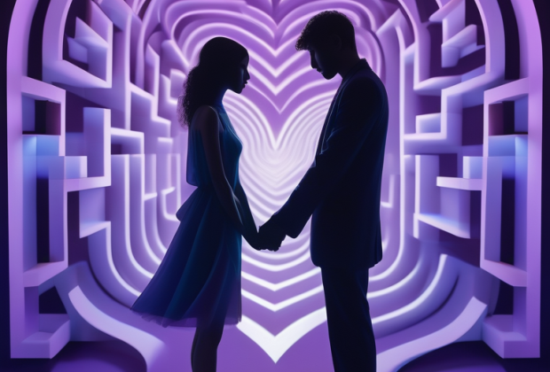 Silhouetted figures over a heart-shaped labyrinth, symbolizing the complexity of secretive romances.