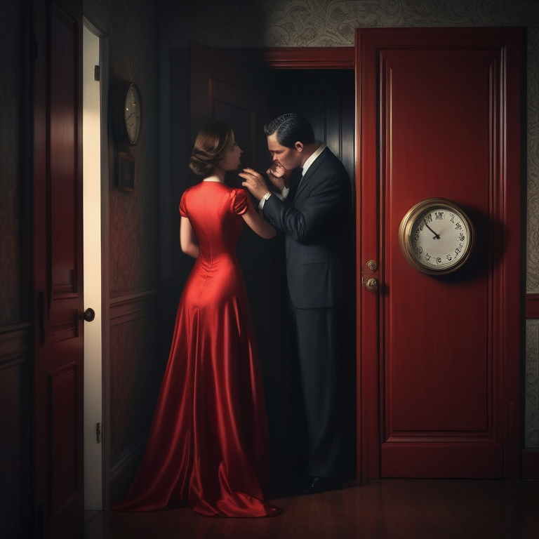 A secretive encounter between a man and a woman, with an onlooker hidden by a half-open door.