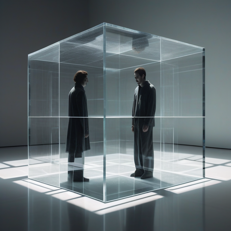Two silhouetted figures separated by compartment lines within a glass cube, conveying isolation.