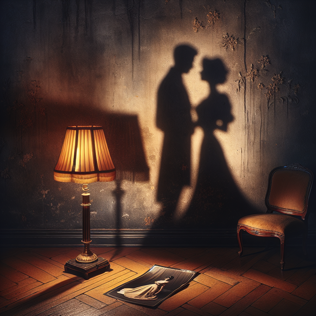Shadows of a whispering couple casting onto a wall, with a highlighted crumpled wedding photo on the floor.