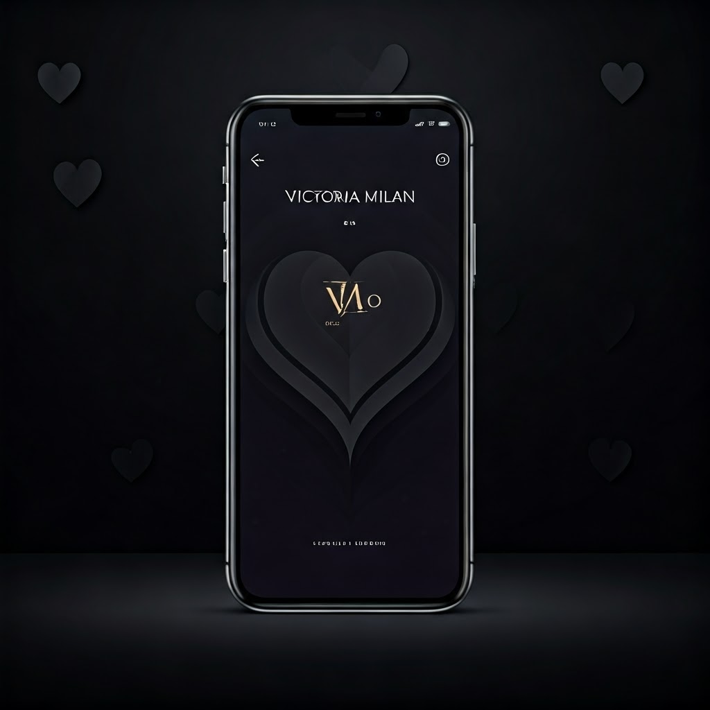 Digital art of a smartphone showing the Victoria Milan app with a heart pattern background.