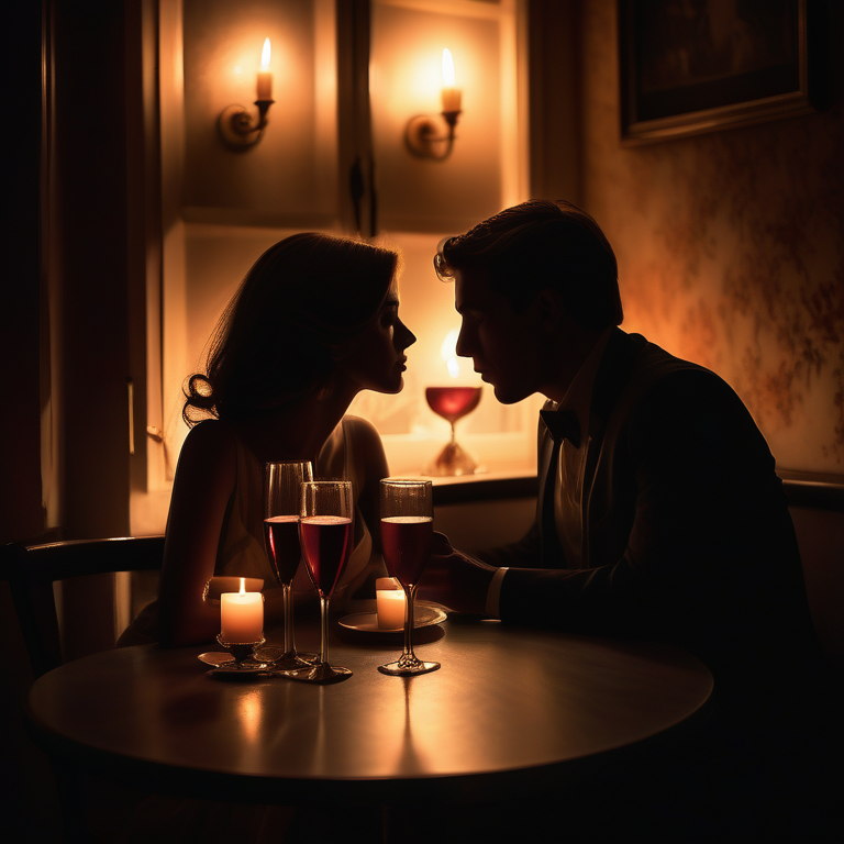 Shadowy silhouette of a couple in a secretive, romantic café setting with candlelight and a rose.