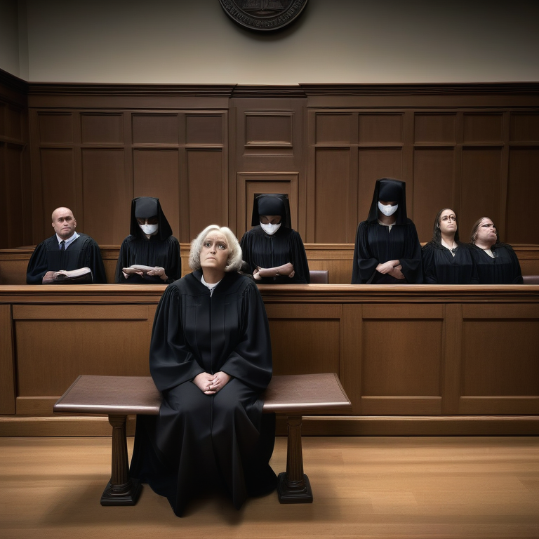 Solemn courtroom with a stern judge, two guilt-ridden individuals, and scales of justice under dim lighting.