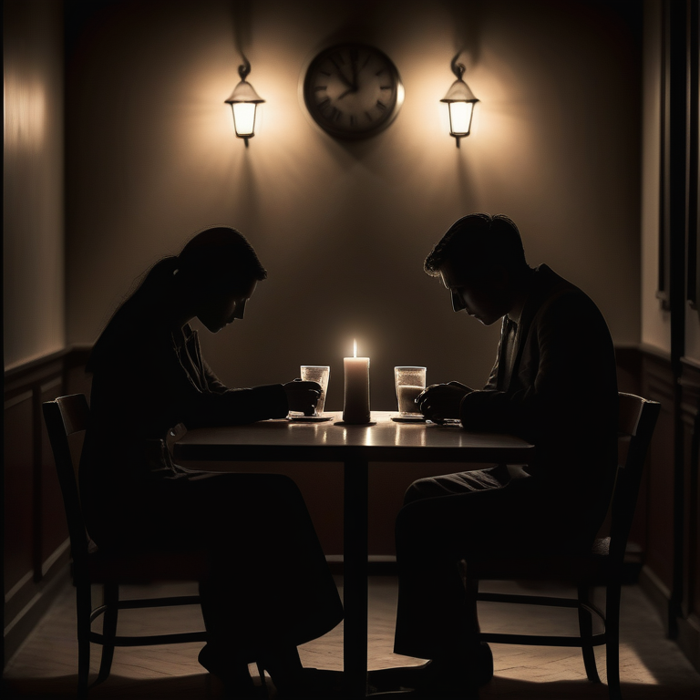 Two figures in shadow about to touch hands across a café table with soft candlelight and a clock showing late evening.