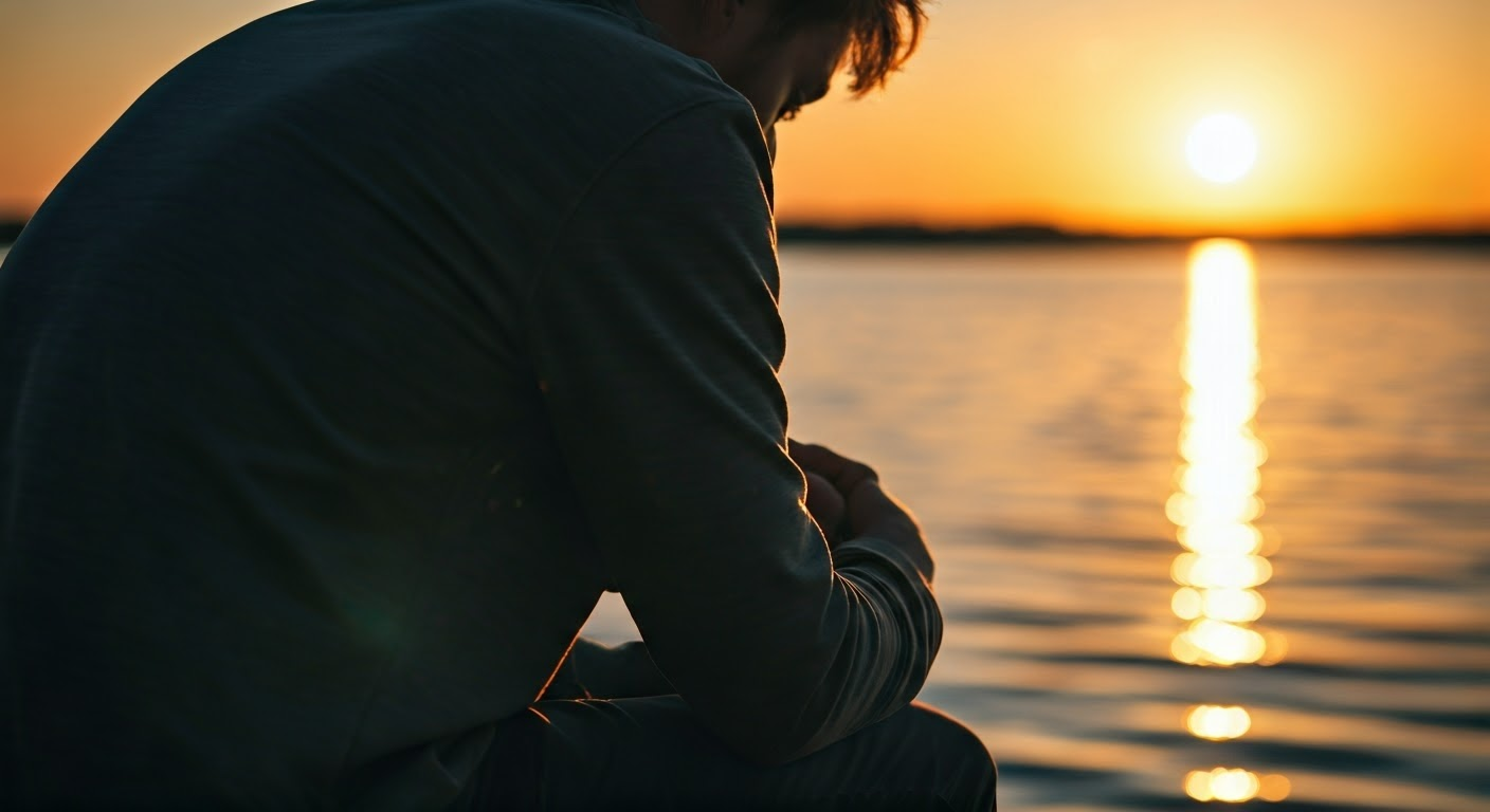Person contemplating forgiveness by a lake.