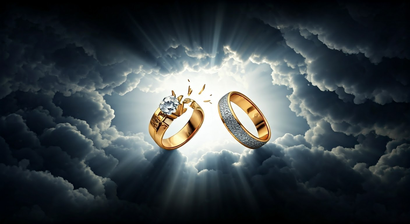 Broken wedding rings with clouds.