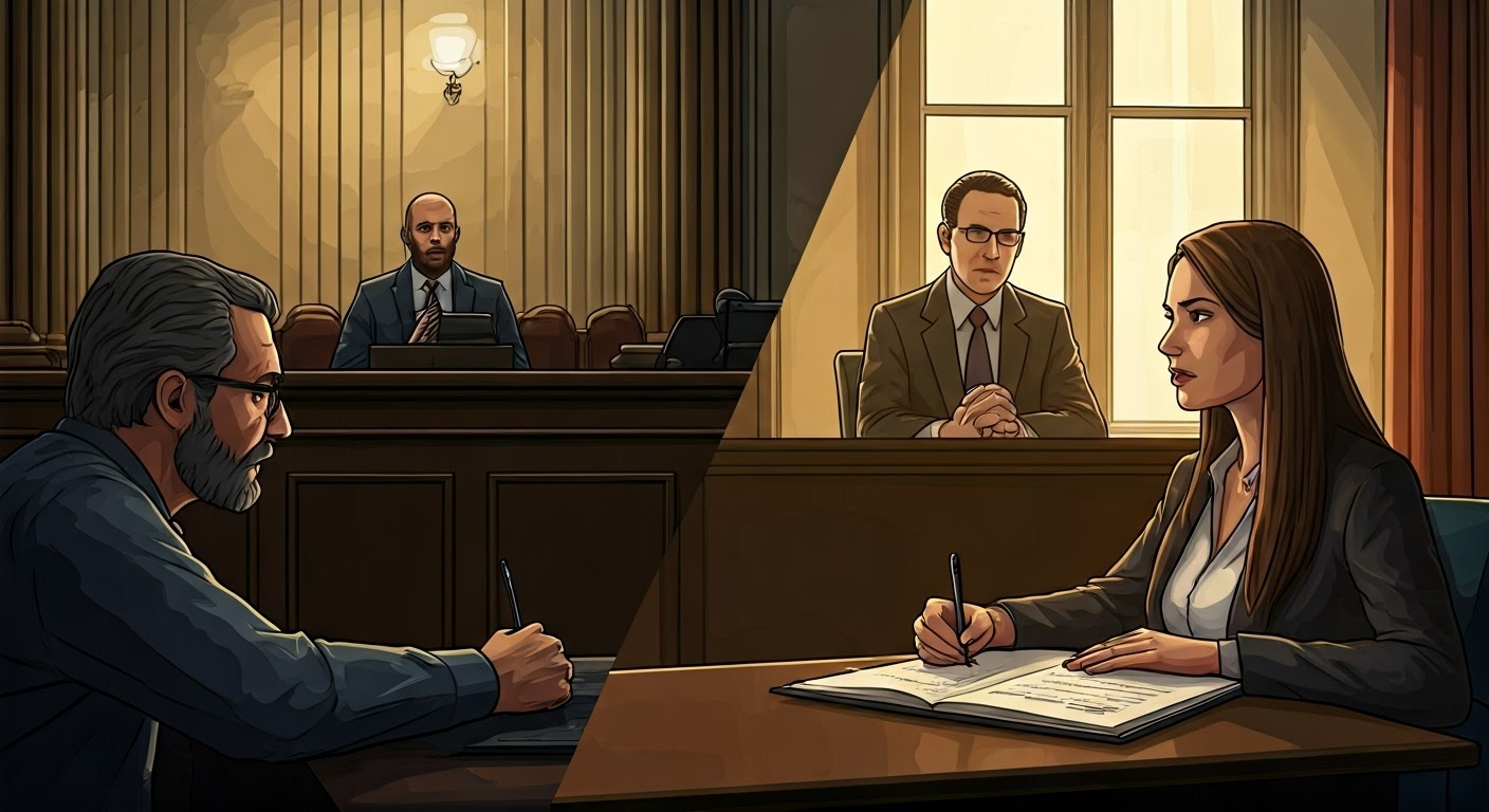 Split scene of court and consultation