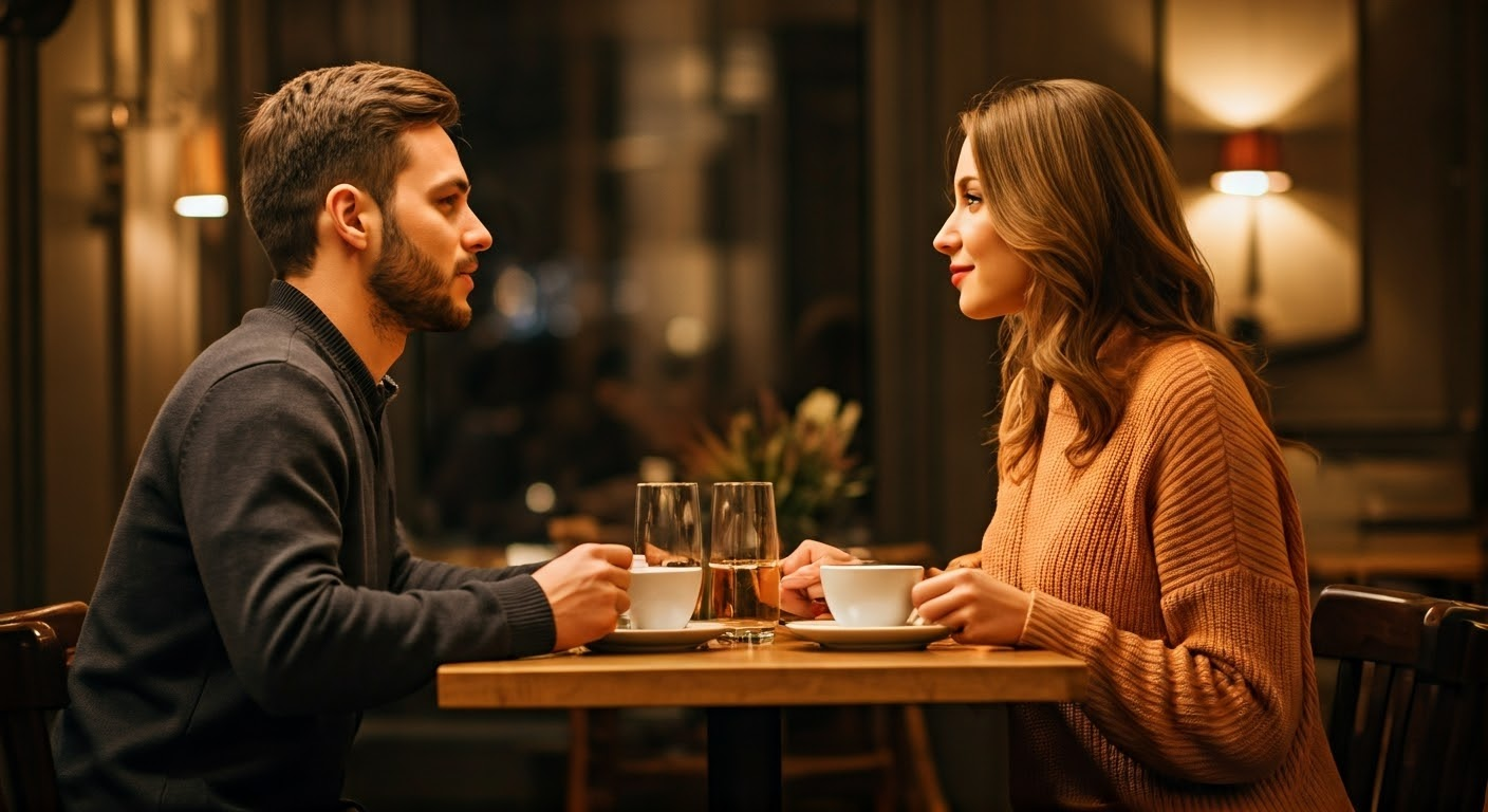 Couple communicating in a cozy café.