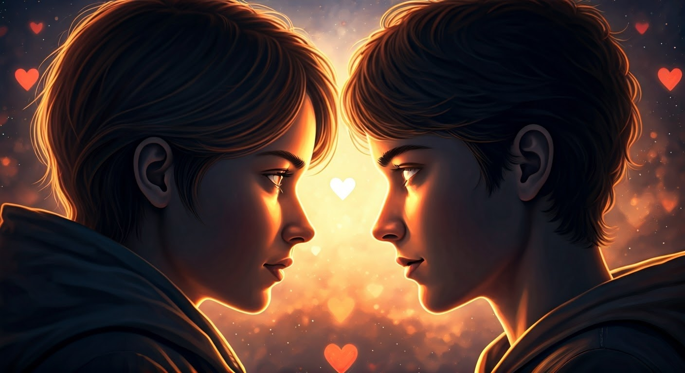 Two soulmates connecting in a surreal background.