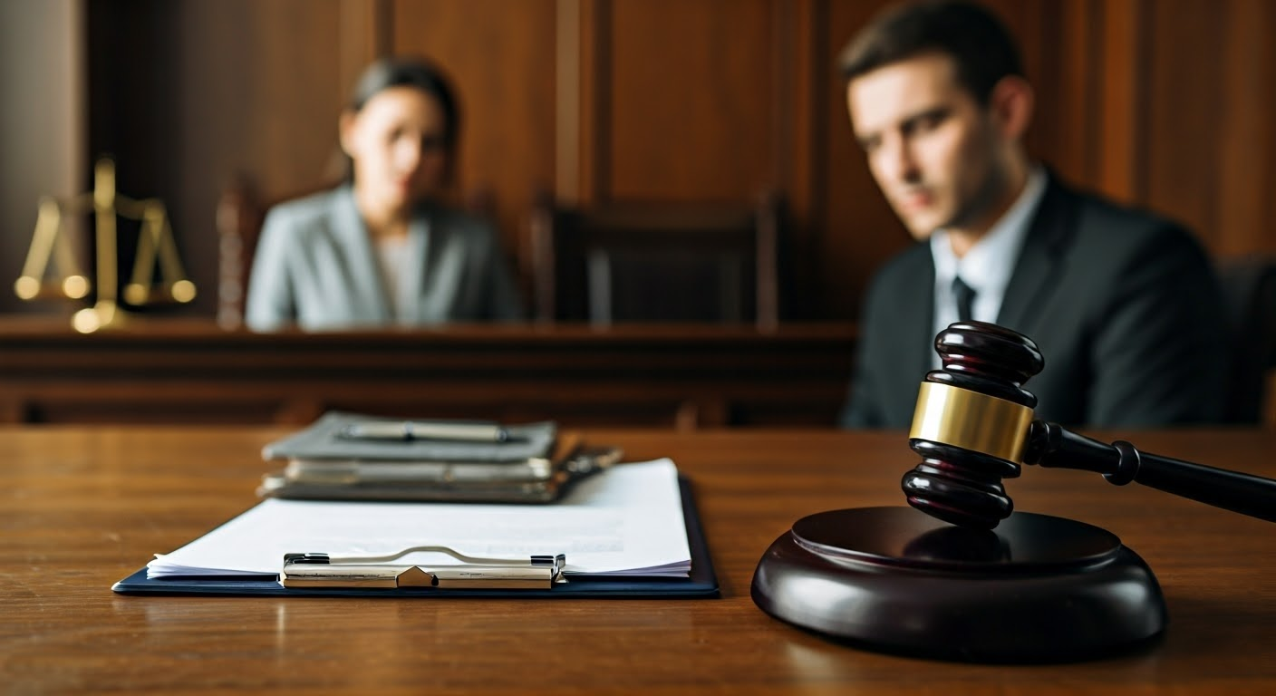 Courtroom scene related to infidelity.