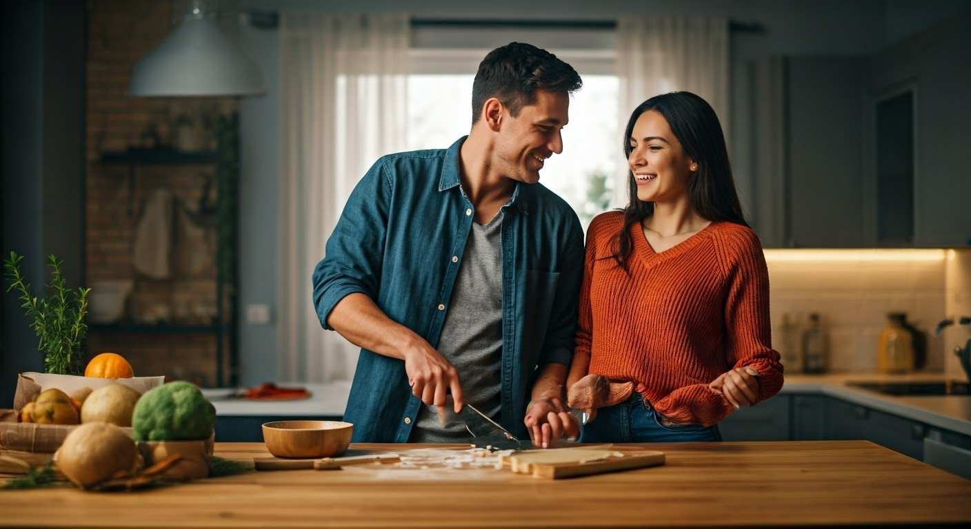 Couple engaged in a joyful activity.