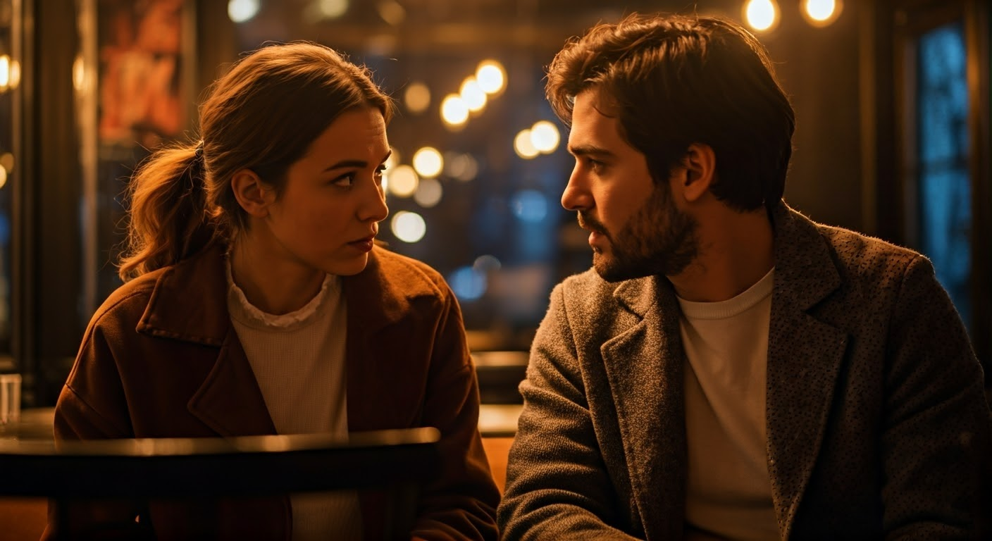 Couple talking intimately in café