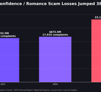 Chart showing U.S. romance scam complaints and reported losses from 2023 to 2025