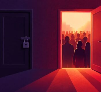 A locked discreet door beside an open door with a crowd