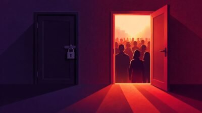 A locked discreet door beside an open door with a crowd