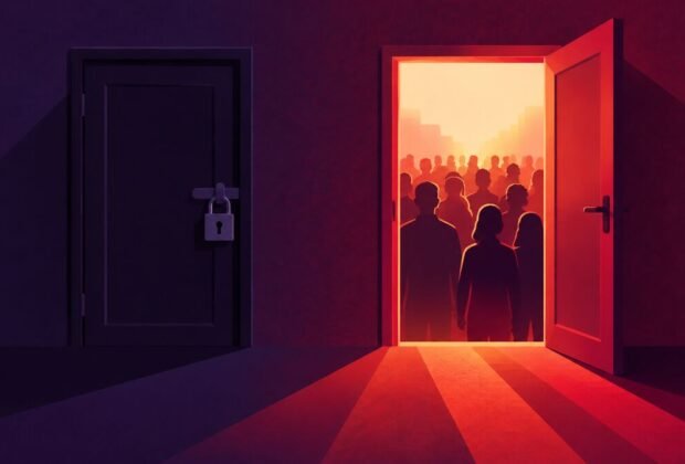 A locked discreet door beside an open door with a crowd