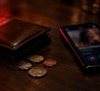 A leather wallet, loose coins and a phone showing a dating app on a dim table