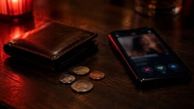 A leather wallet, loose coins and a phone showing a dating app on a dim table
