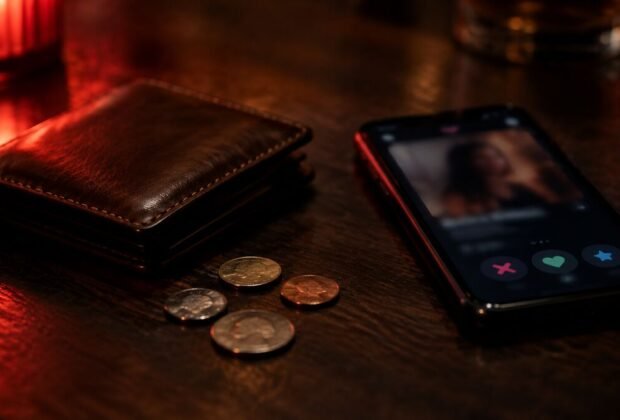 A leather wallet, loose coins and a phone showing a dating app on a dim table